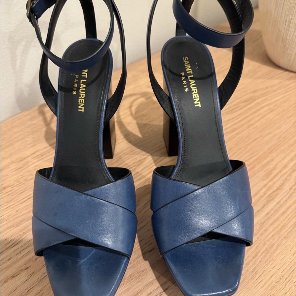 Saint Laurent Blue Leather Crisscross Block Heel Sandals